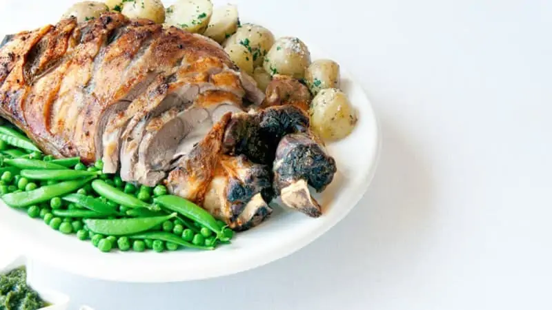 Garlic & Wine Glazed Roast Lamb with Mint Pesto