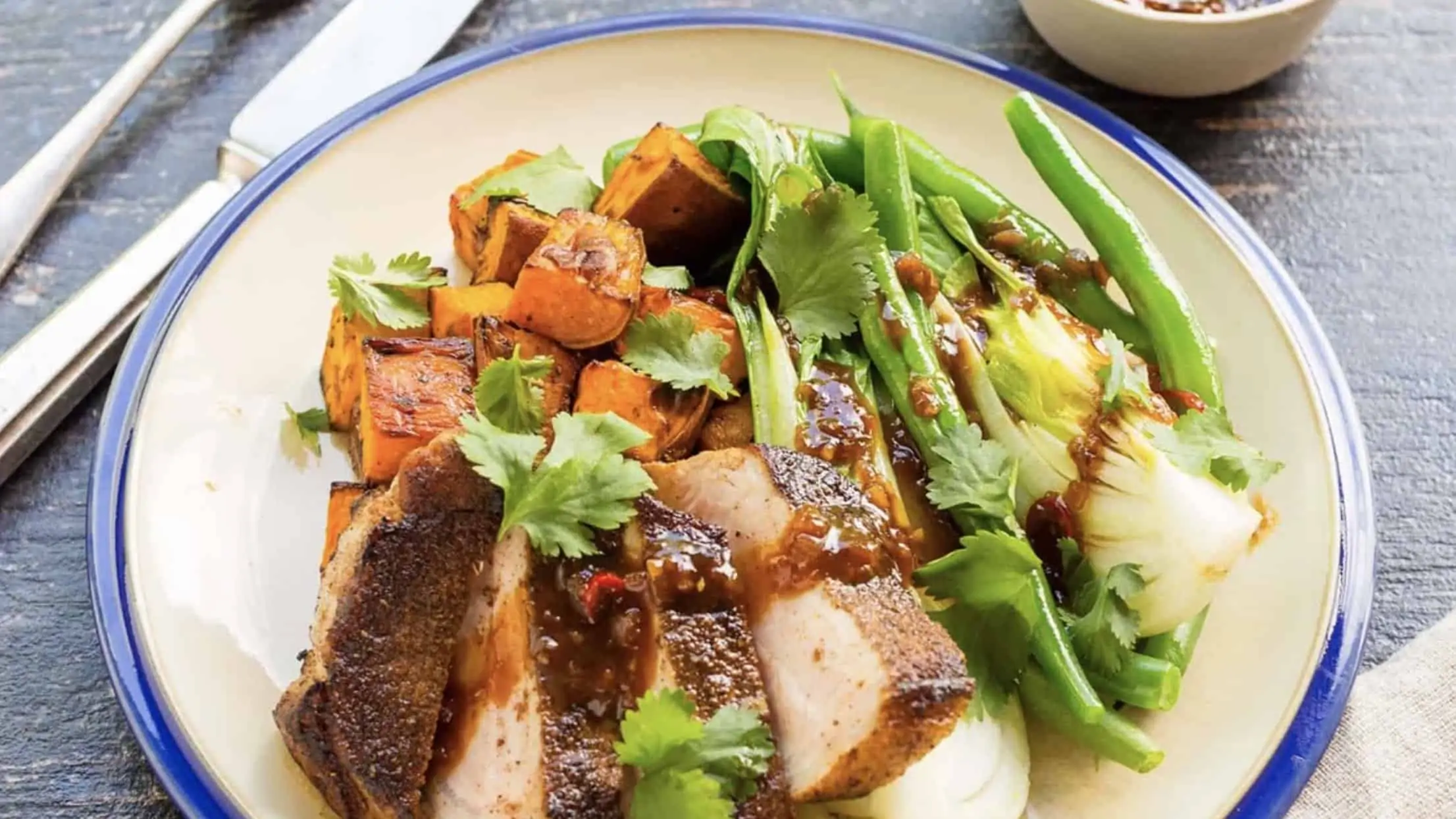 Pork Sirloin Steak with Roasted Pumpkin, Greens and Caramelised Chilli Sauce